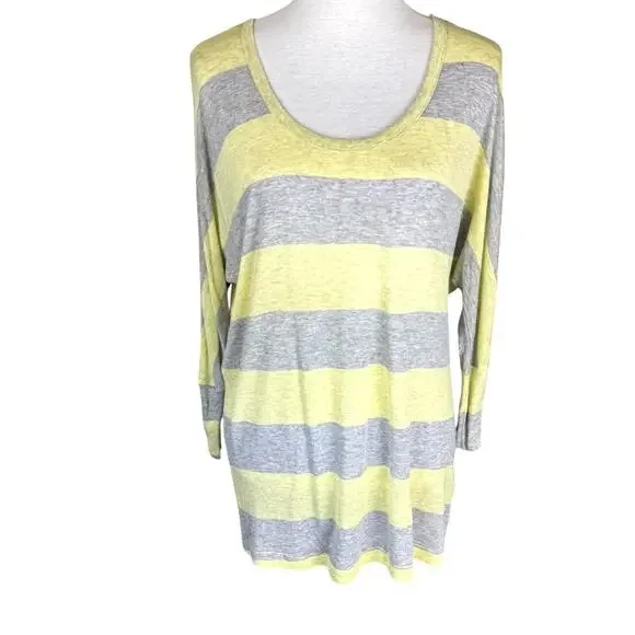 SOFT Joie Gray Yellow Stripe Y2K 2000s Layering 3/4 Sleeve Cozy Top Shirt - Picture 1 of 12